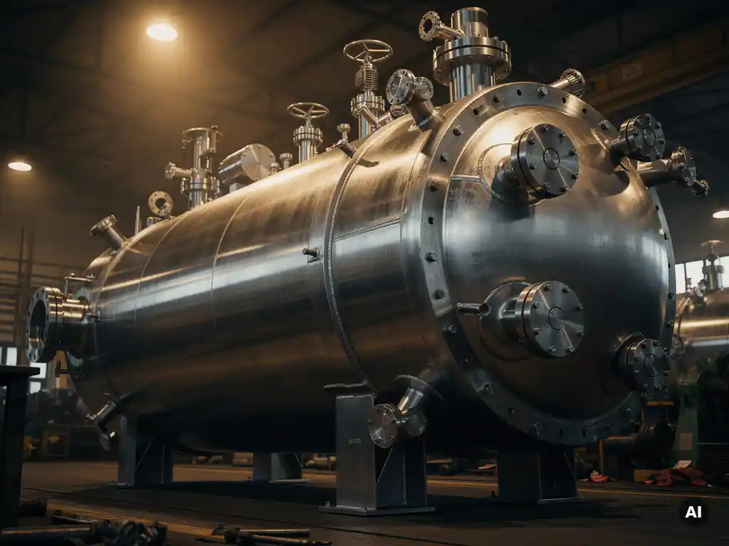 Stainless steel high-pressure autoclave reactor vessel on an industrial workshop floor, flanged end caps and pressure fittings lit by warm amber lighting.