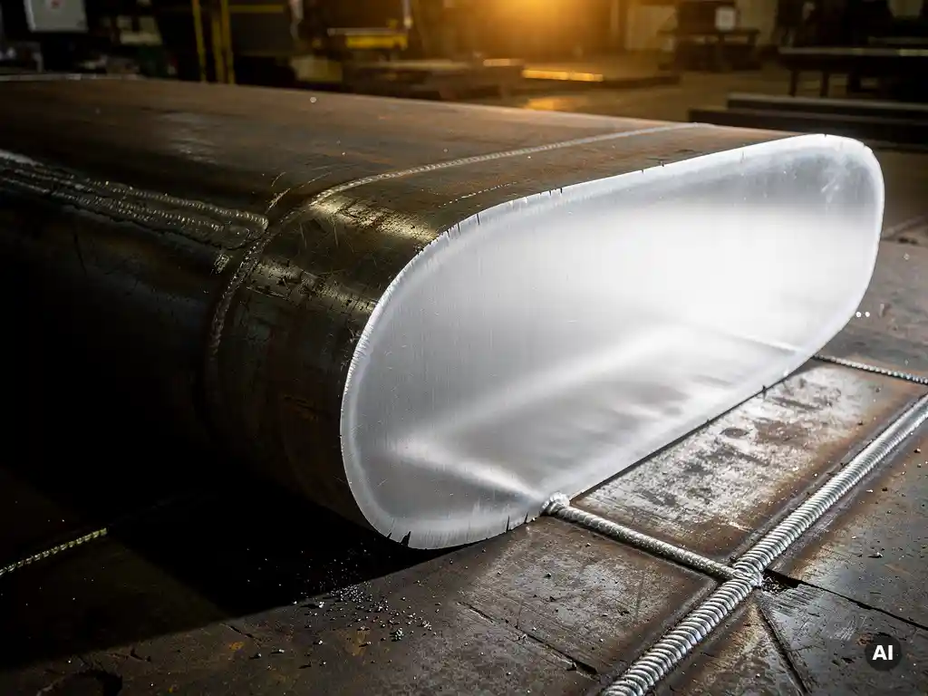 Cross-section of a clad pressure vessel wall showing dark carbon steel outer layer bonded to a gleaming silver corrosion-resistant alloy inner layer.