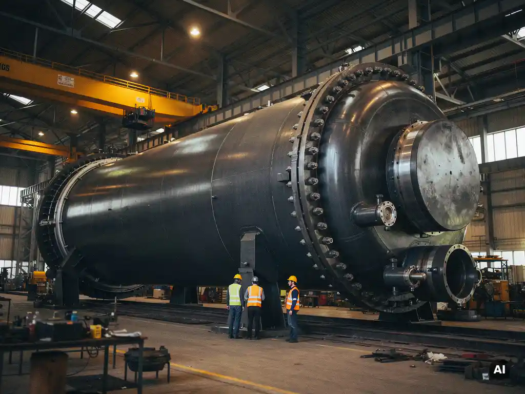 Massive cylindrical high-pressure autoclave vessel in a fabrication hall, flanged steel end caps and bolted closures towering over hard-hatted workers.