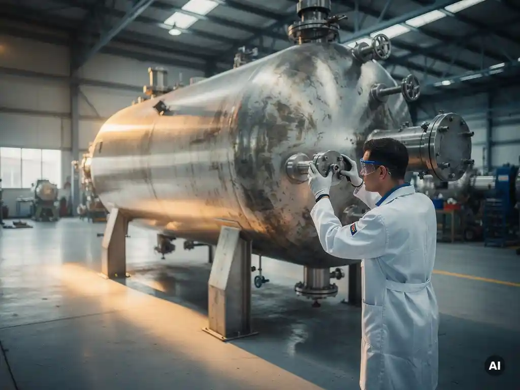 Gloved technician inspecting a weathered stainless steel industrial autoclave on a factory floor under warm amber workshop lighting.