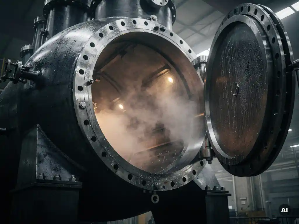 Large industrial autoclave with thick steel walls and bolted flanges, pressurized steam filling the open chamber interior, shot from a low angle.