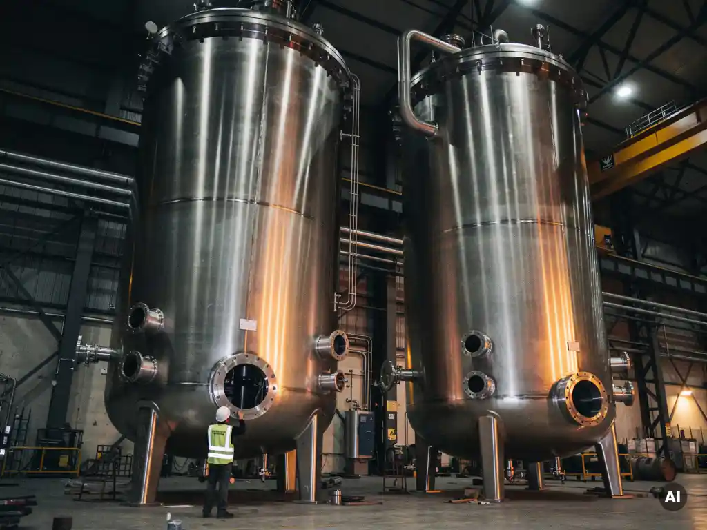 Towering stainless steel industrial autoclave and reactor vessel on a fabrication workshop floor, worker in hard hat showing massive scale.