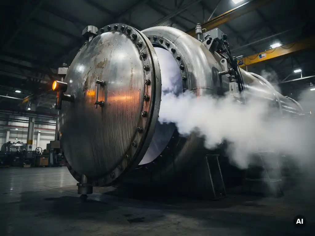 Industrial autoclave with bolted door ajar, steam escaping the seal, condensation on aged steel inside a manufacturing hall with crane rails.