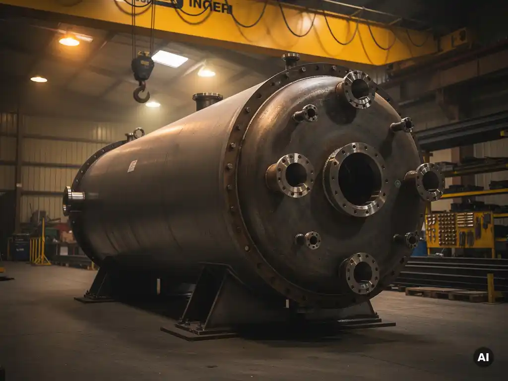 Massive industrial autoclave vessel on a heavy fabrication workshop floor, showing thick steel walls and precision-welded flanges under warm amber lighting.