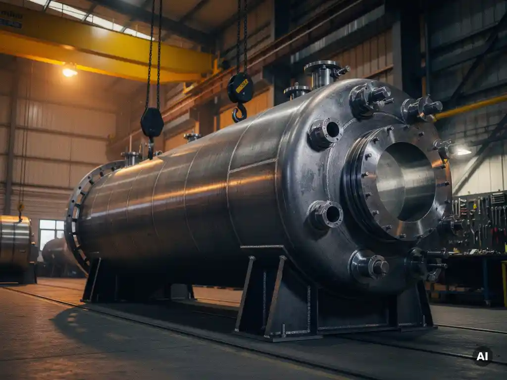Large industrial autoclave vessel on a fabrication workshop floor, thick steel walls and precision-welded flanges lit by warm amber overhead lighting.