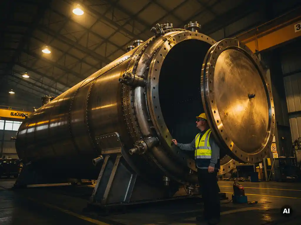 Worker in hard hat inspecting a massive industrial autoclave with thick steel walls and heavy flanged door in a high-bay manufacturing hall.