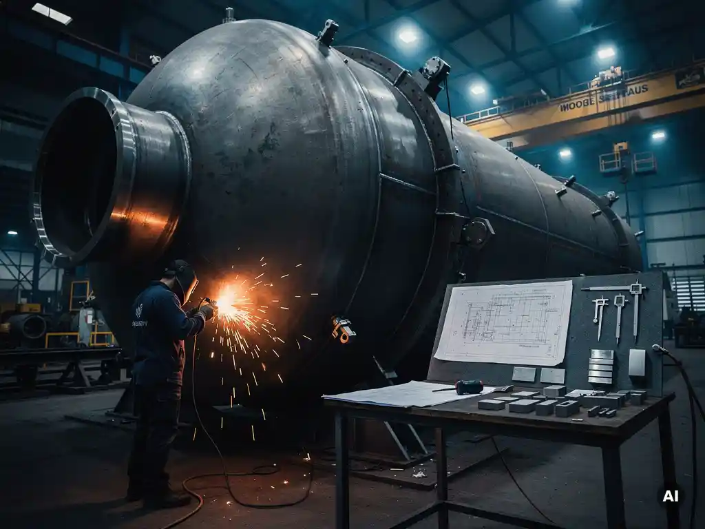 Welder's torch casting amber arc on a thick-walled steel autoclave vessel under construction in a heavy fabrication hall.