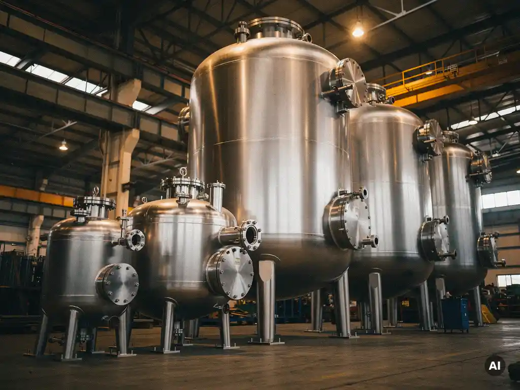 Industrial autoclaves in dramatically varying sizes on a fabrication shop floor, towering steel vessels gleaming under factory lighting.