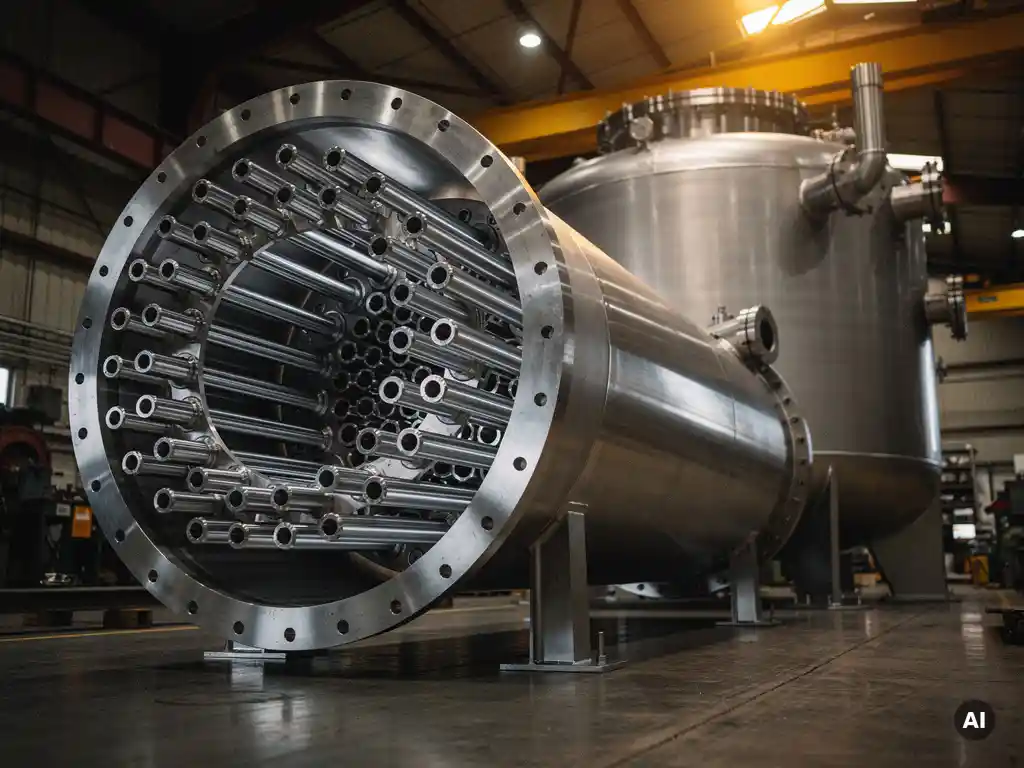 Stainless steel shell-and-tube heat exchanger with open tube bundle flange beside a heavy-walled reactor vessel on an industrial fabrication floor.