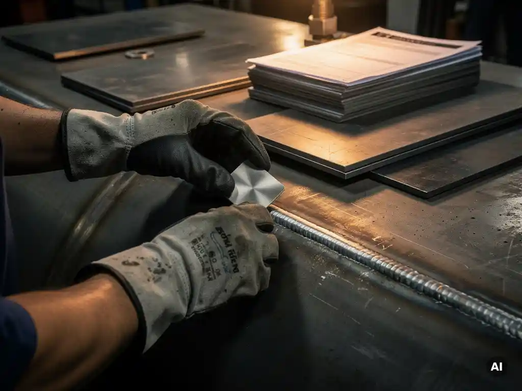 Metallurgist in protective gloves pressing a polished alloy coupon against a pressure vessel weld seam near steel plate samples and material certification documents.