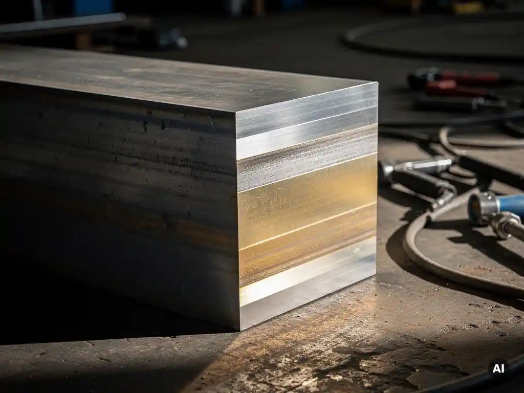 Cross-section of a pressure vessel wall showing carbon steel outer shell bonded to corrosion-resistant inner cladding, lit dramatically in an industrial workshop.