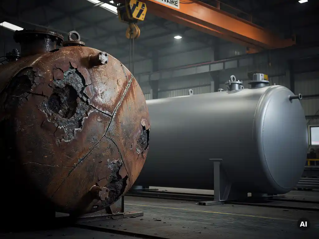 Corroded industrial pressure vessel with weld cracks beside a new carbon steel replacement in a heavy fabrication workshop.