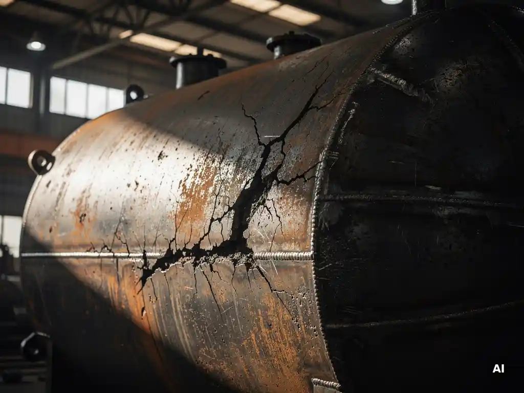 Weathered industrial pressure vessel with stress fractures, corrosion, and rust blooming across weld seams in a heavy fabrication facility.