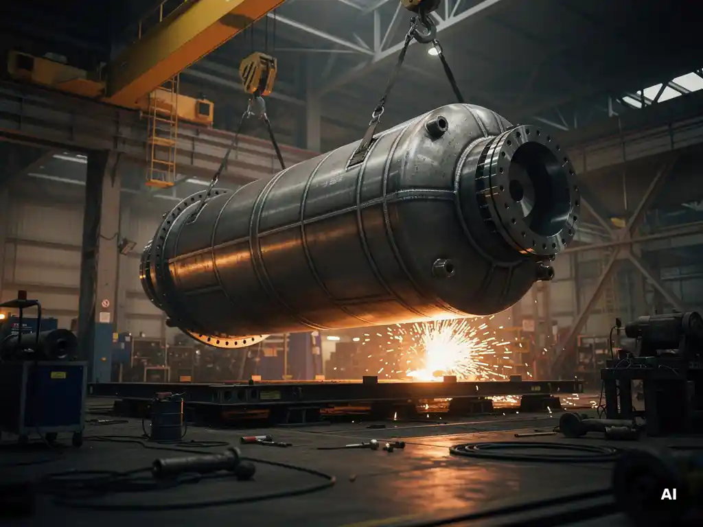 Custom pressure vessel lowered by crane onto fabrication floor, thick-walled steel cylinder with weld seams and precision flanges, lit by welding sparks.
