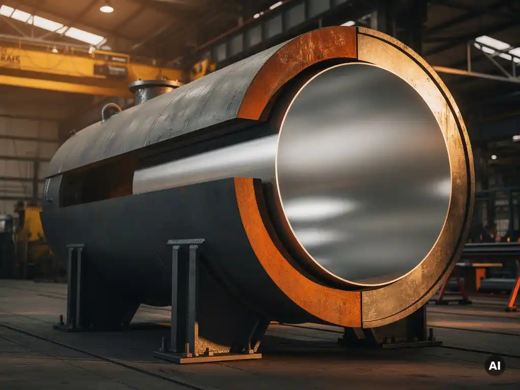 Cross-sectioned pressure vessel showing carbon steel outer shell and corrosion-resistant inner lining on industrial supports in a fabrication hall.