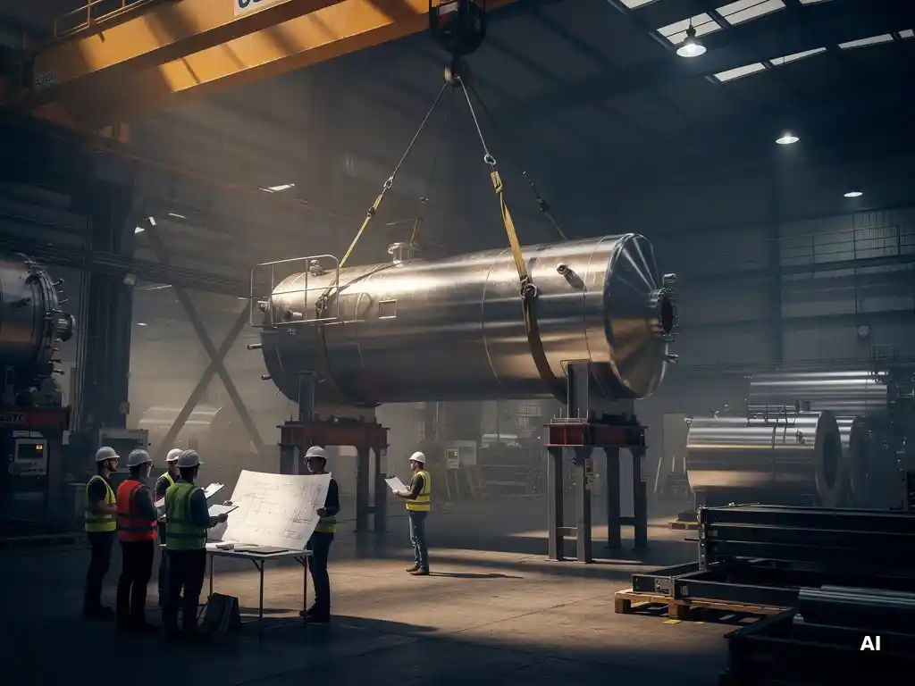 Massive industrial pressure vessel lowered by crane onto fabrication floor as engineers review technical specification documents.