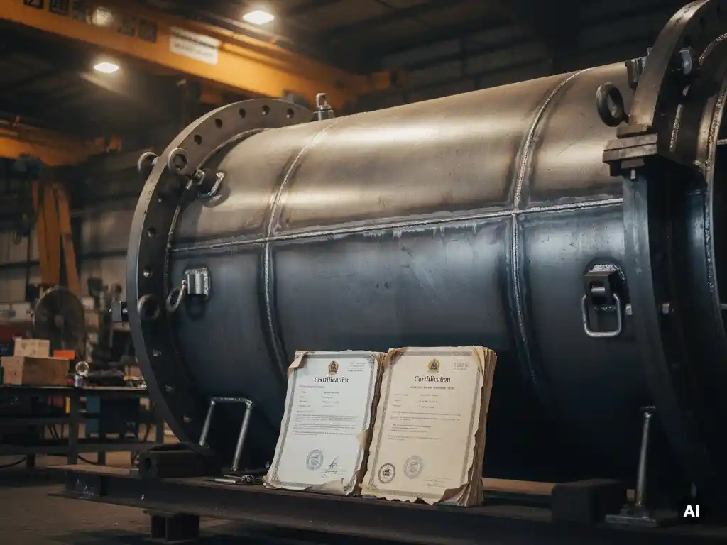 Large industrial pressure vessel under fabrication in a steel workshop, with stamped inspection plates and certification documents leaning against its curved shell.