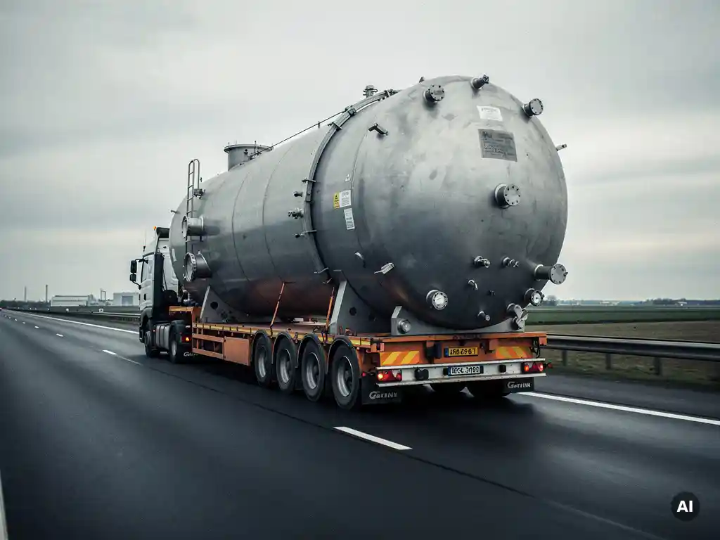 Oversized cylindrical pressure vessel on a heavy-duty flatbed trailer traveling an industrial highway under overcast Belgian skies.