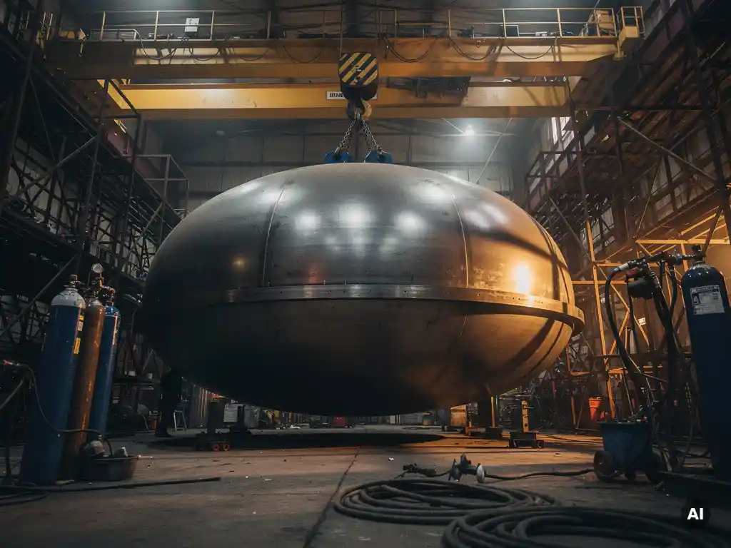 Ellipsoidal steel pressure vessel head lifted by industrial crane in a fabrication workshop, with scaffolding and welding equipment under warm amber lighting.