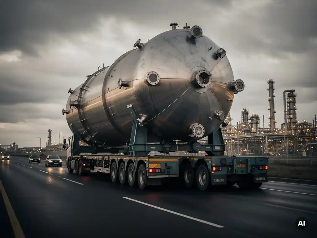 Massive cylindrical pressure vessel on a heavy-load transport trailer approaching a refinery, dwarfing escort vehicles under an overcast industrial sky.