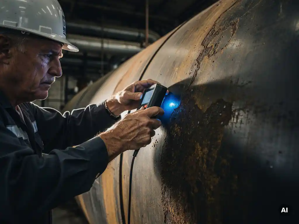Inspector using ultrasonic thickness gauge on corroded steel pressure vessel wall inside a dim industrial facility.