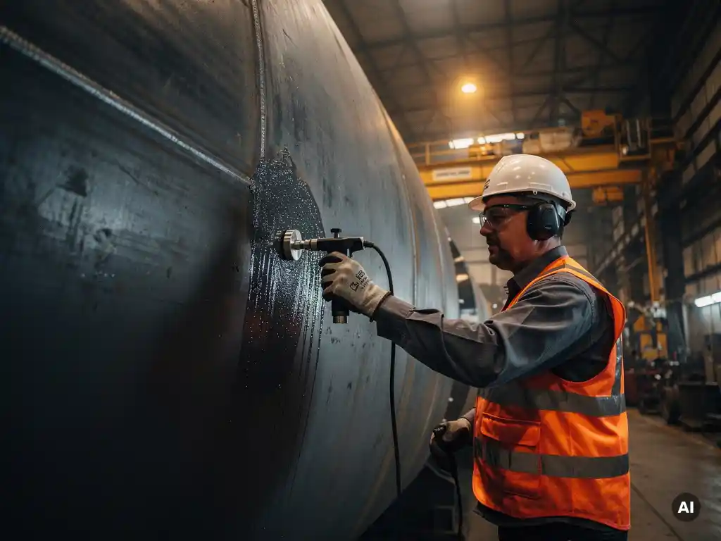 Inspector applying ultrasonic testing probe to curved steel pressure vessel wall in a heavy fabrication workshop under dramatic amber overhead lighting.