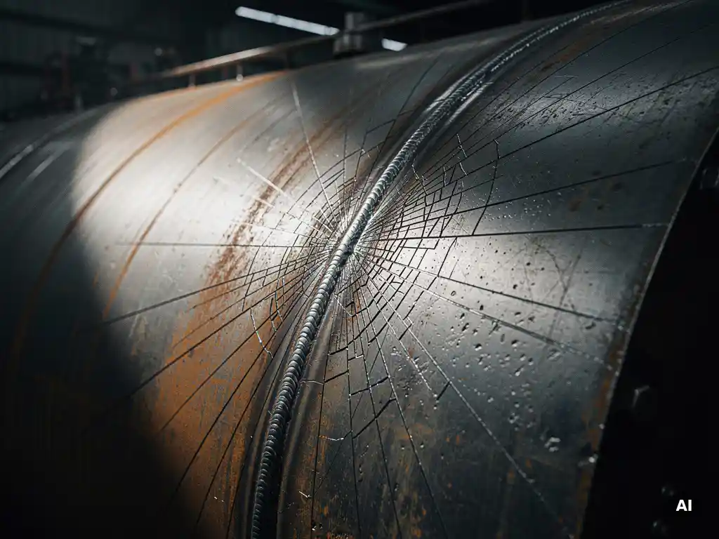Fine surface cracks radiating from a stressed weld seam on a weathered steel pressure vessel, revealing metal fatigue under raking side light.