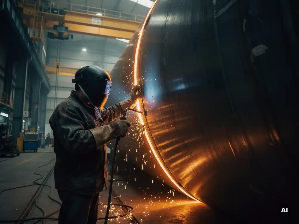Welder in protective gear operating welding equipment beside a massive pressure vessel shell, glowing orange weld pool against charcoal steel on an industrial fabrication floor.