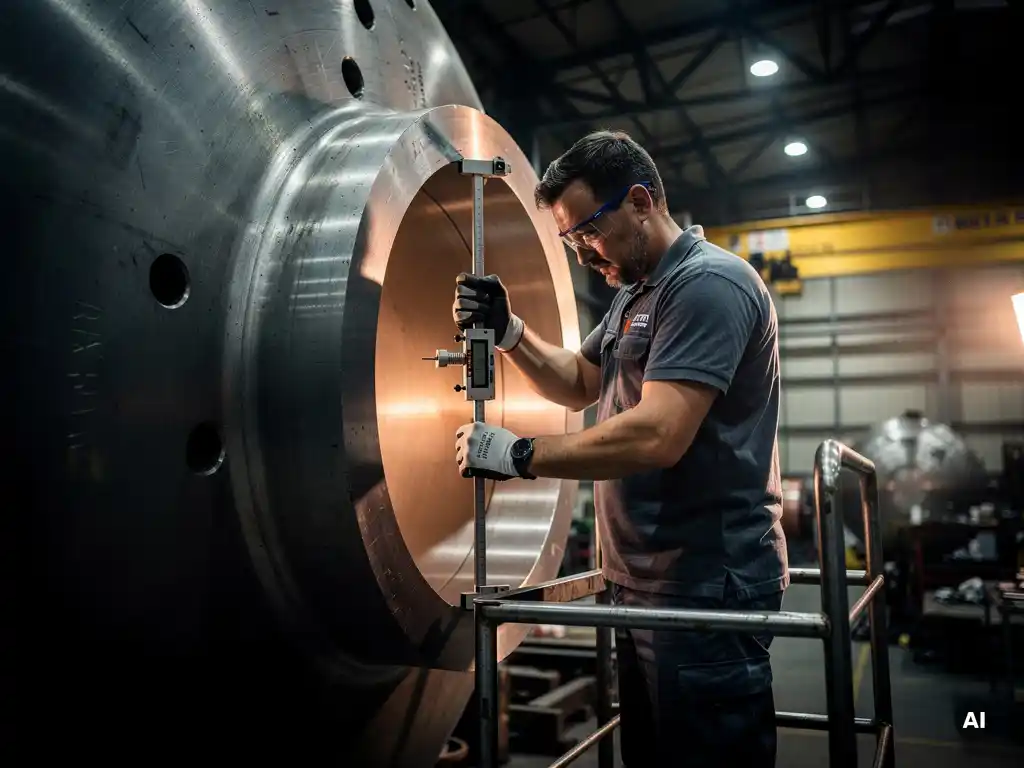 Precision machinist measuring interior bore of a massive thick-walled reactor vessel with a calibrated gauge in an industrial fabrication hall.