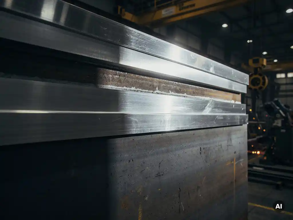 Cross-section of a reactor vessel wall showing metallic cladding layers bonded to thick carbon steel, with a polished corrosion-resistant inner surface.