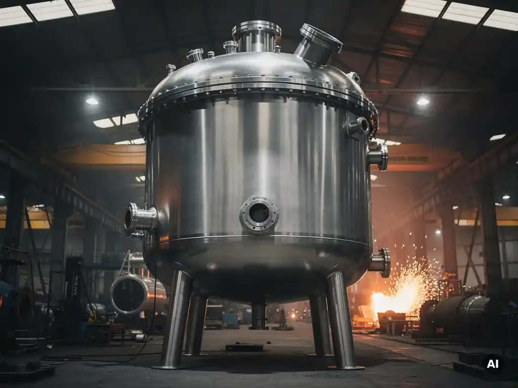 Large stainless steel batch reactor vessel with domed head and flanged nozzles in an industrial fabrication hall, welding sparks glowing in background.