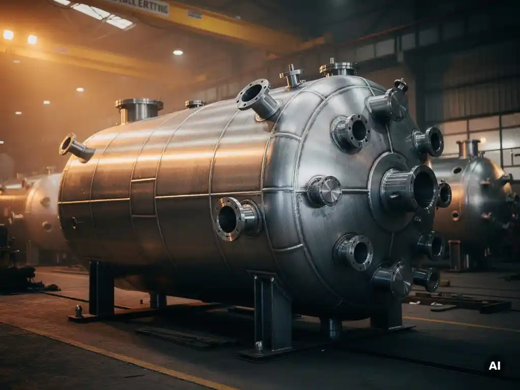 Large stainless steel industrial reactor vessel with welded seams and flanged nozzles on a heavy fabrication workshop floor.