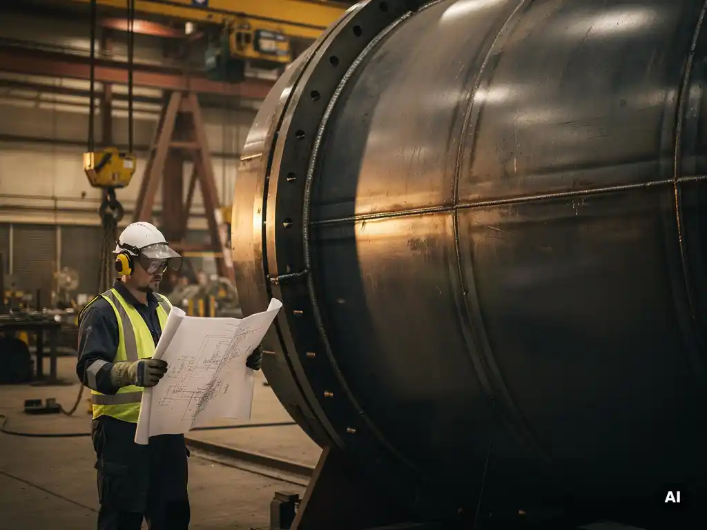 Steel pressure vessel under fabrication in an industrial workshop, worker in protective gear reviewing engineering drawings beside it.