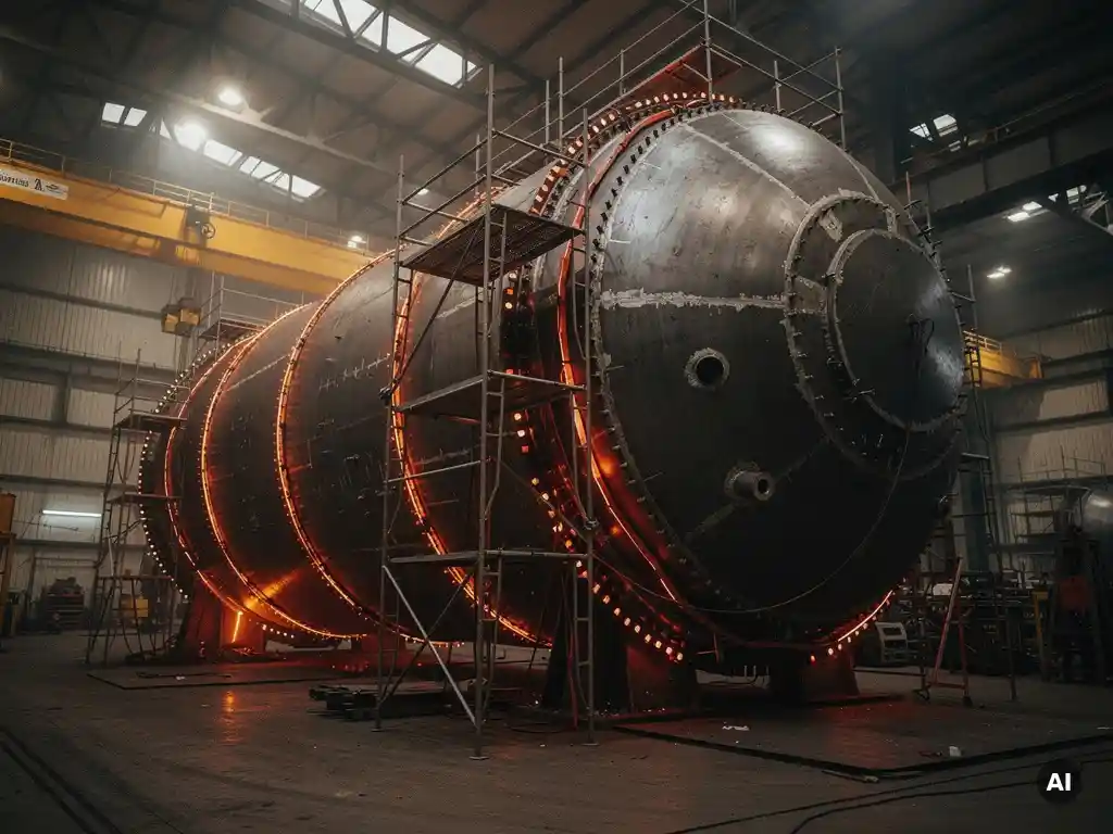 Massive steel pressure vessel glowing red-orange at welded seams inside an industrial fabrication hall with scaffolding and insulation layers.