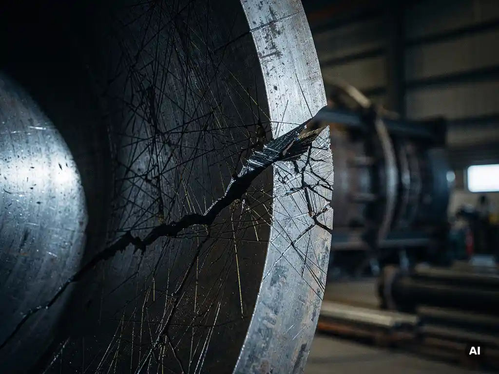 Microscopic fractures spreading through steel reactor vessel wall with a prominent interior crack under dramatic raking light.