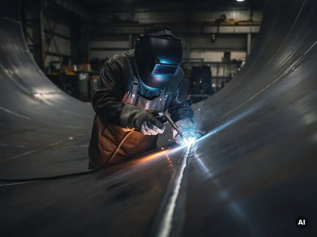 Welder in full protective gear TIG welding a curved interior seam inside a large steel pressure vessel, bright arc light illuminating the dark space.