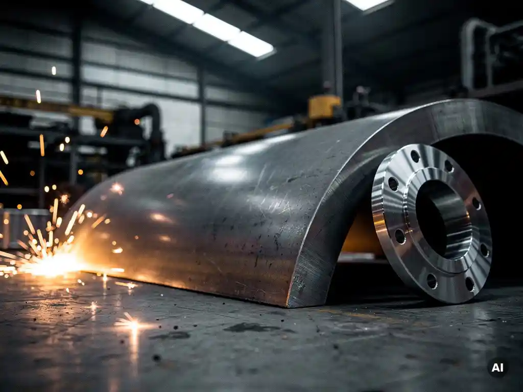 Curved raw titanium and carbon steel plate on workshop floor with welding sparks and polished Hastelloy flange, low-angle industrial shot.