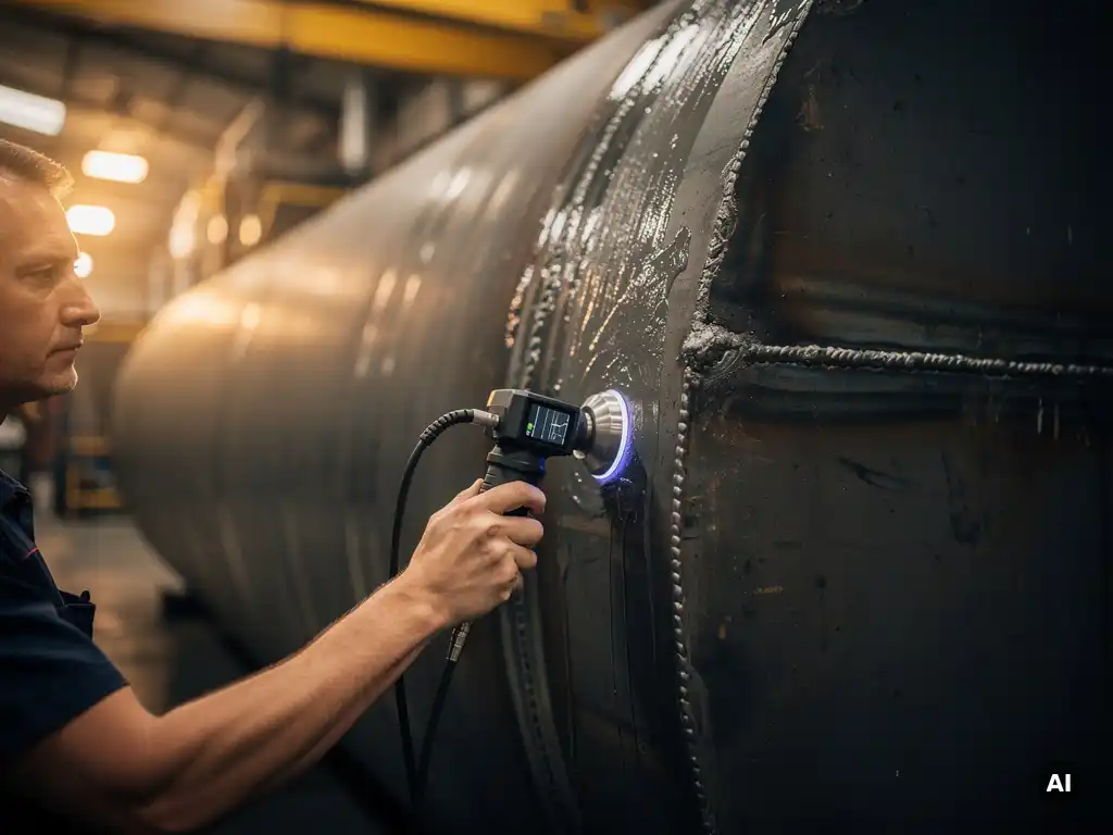 Technician applying ultrasonic phased-array probe to thick-walled steel pressure vessel weld seam during NDT inspection.
