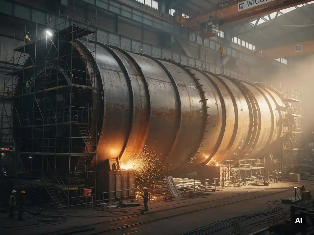Custom pressure vessel under fabrication in industrial workshop, welding sparks illuminating steel hull surrounded by scaffolding and rigging.