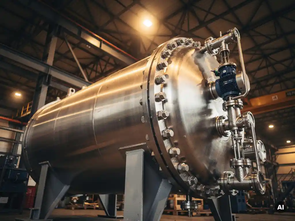Large industrial autoclave pressure vessel with safety relief valves and flanged connections, photographed from low angle inside a steel-framed facility.