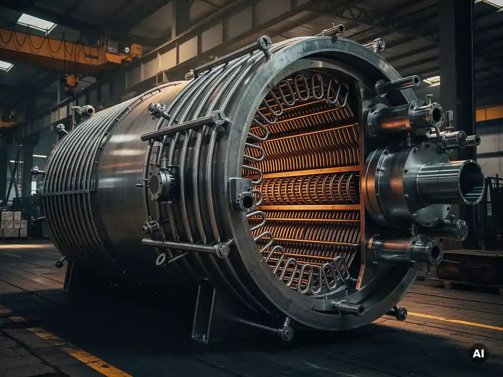 Cross-section of a stainless steel industrial autoclave with internal heating coils and cooling jacket channels in a heavy fabrication workshop.