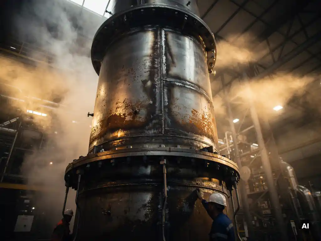 Massive industrial process column with weld seams and exotic metal plating, shrouded in steam and amber chemical haze inside a heavy fabrication facility.