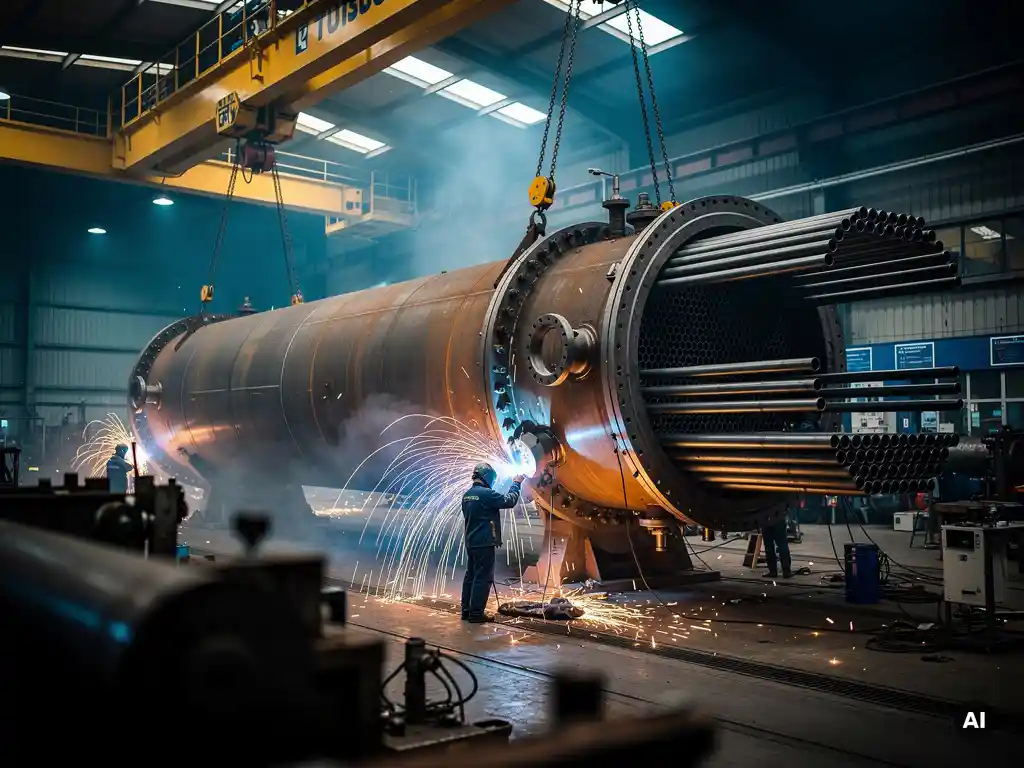 Shell-and-tube heat exchanger under fabrication, suspended by overhead crane as welders work with arc sparks glowing in a heavy industrial workshop.