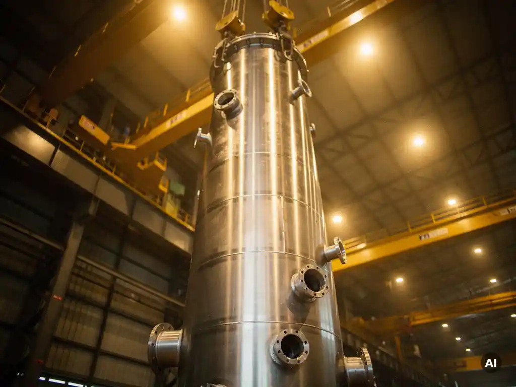Towering stainless steel process column with lifting rigging inside an industrial fabrication hall, shot from low angle to emphasize scale.